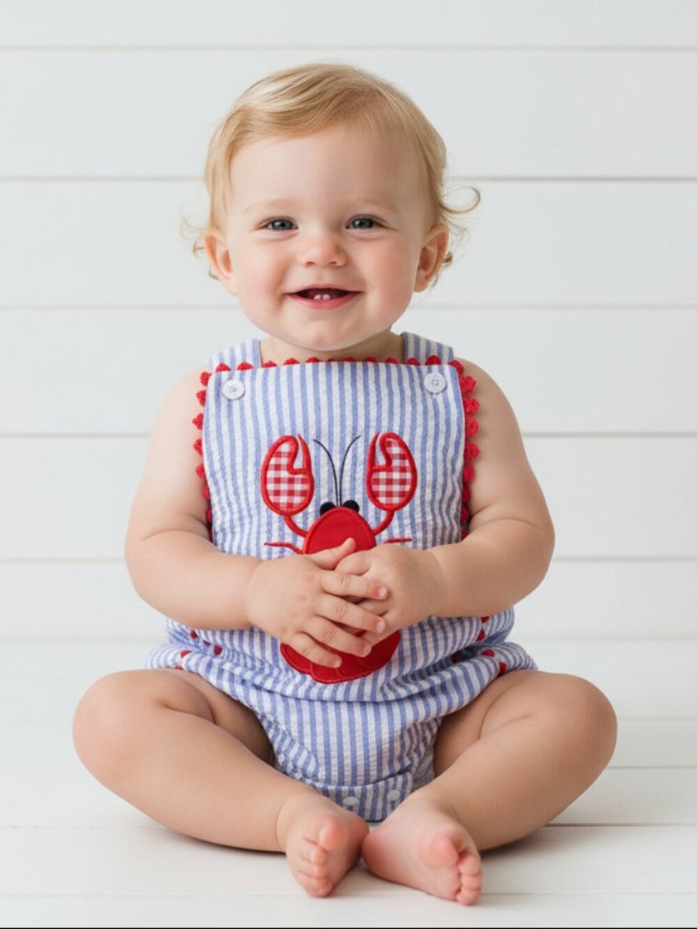Blue Pinstripe Embroidered Lobster Bubble Romper, unisex, NWT